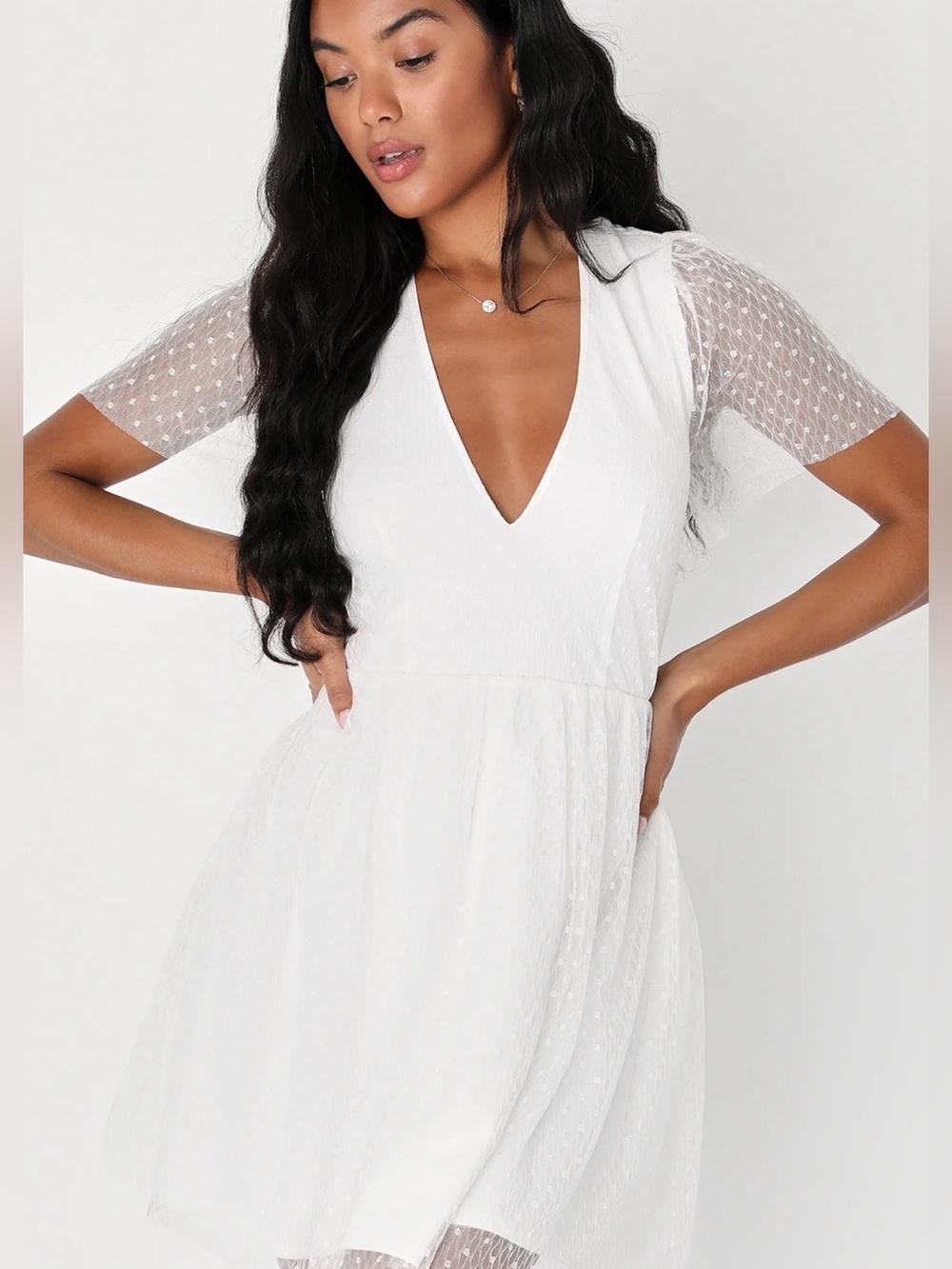 Radiating Chic White Mesh Swiss Dot Short Sleeve Mini Dress